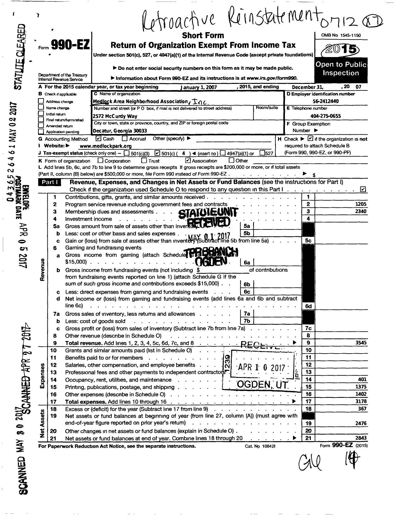 Image of first page of 2007 Form 990EO for Medlock Area Neighborhood Association