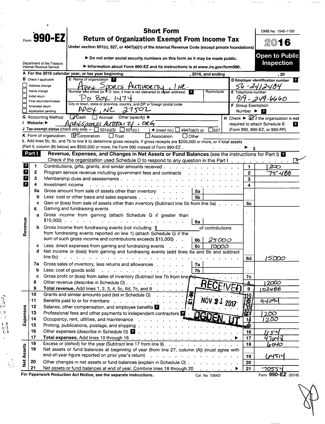 Image of first page of 2016 Form 990EO for Apex Sports Authority