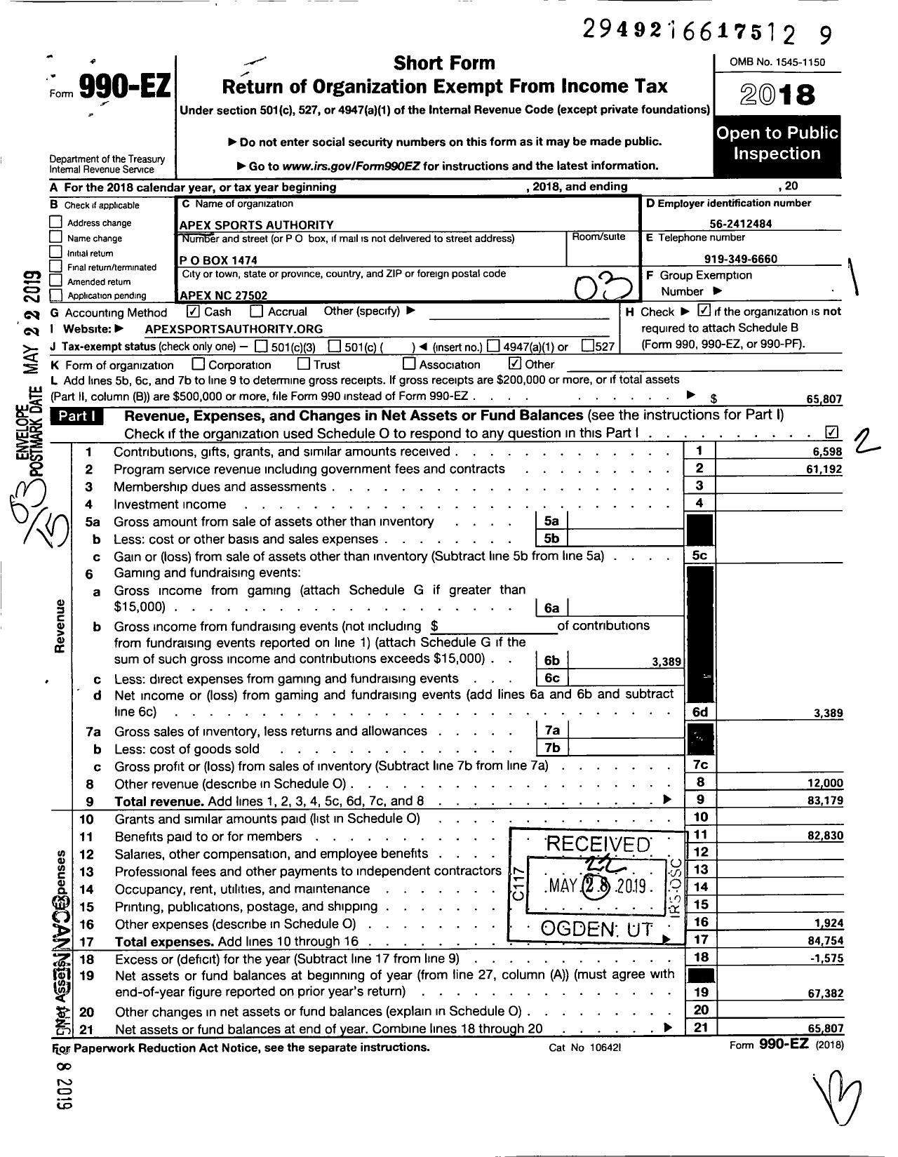 Image of first page of 2018 Form 990EZ for Apex Sports Authority