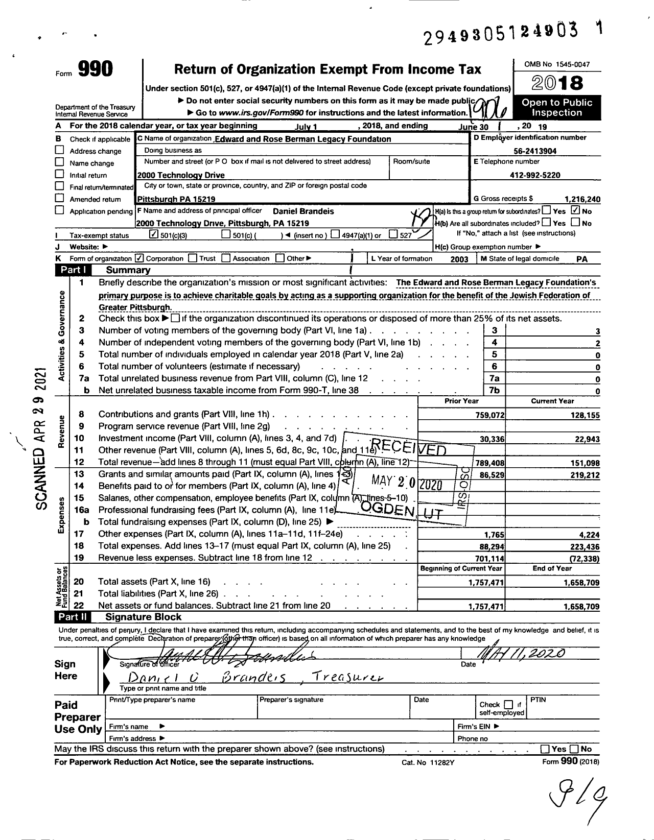 Image of first page of 2018 Form 990 for Edward and Rose Berman Legacy Foundation