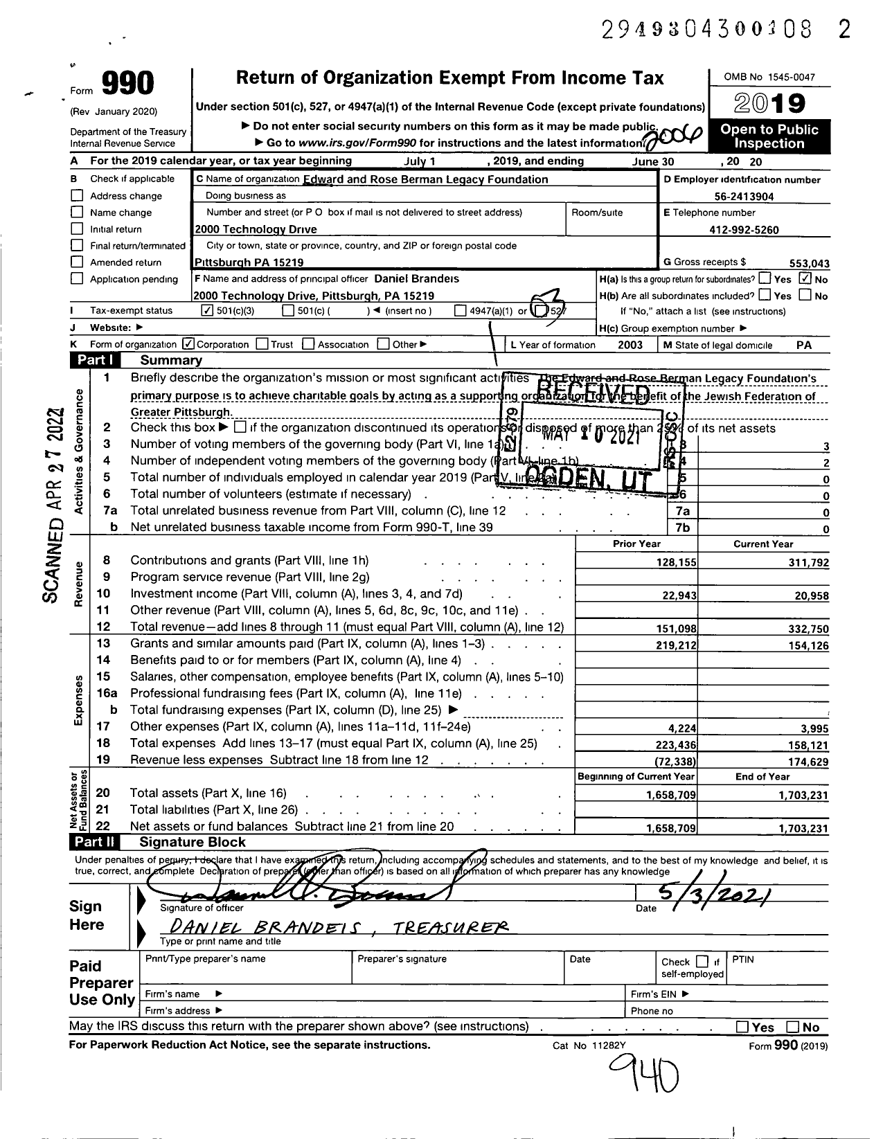 Image of first page of 2019 Form 990 for Edward and Rose Berman Legacy Foundation