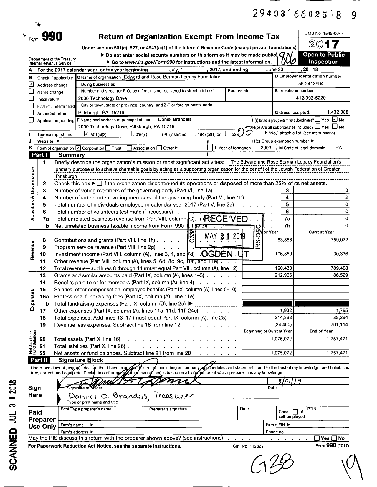 Image of first page of 2017 Form 990 for Edward and Rose Berman Legacy Foundation