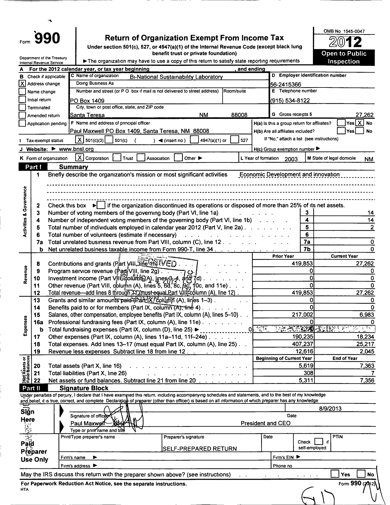 Image of first page of 2012 Form 990 for Bi-National Sustainability Laboratory