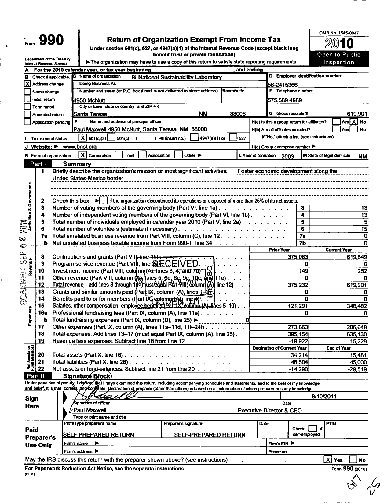 Image of first page of 2010 Form 990 for Bi-National Sustainability Laboratory