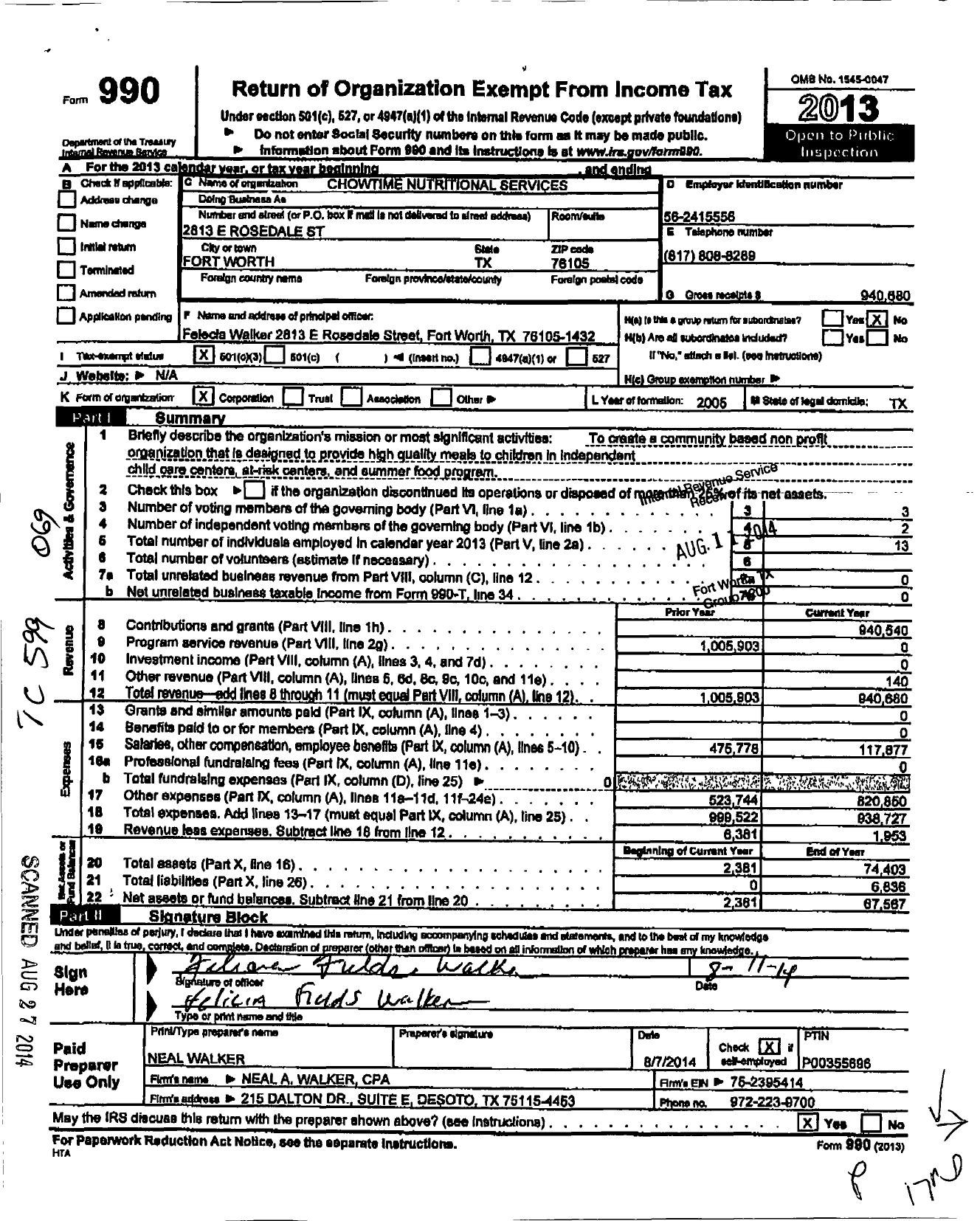 Image of first page of 2013 Form 990 for Chowtime Nutritional Services