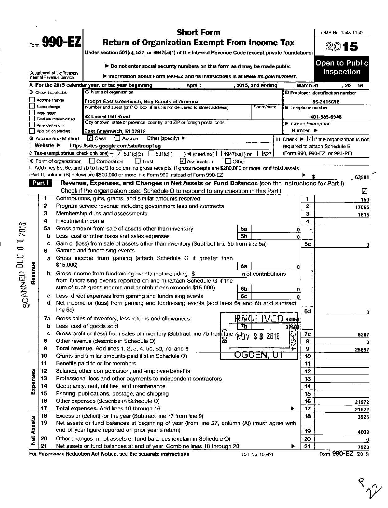 Image of first page of 2015 Form 990EZ for Troop 1 East Greenwich Boy Scouts of America