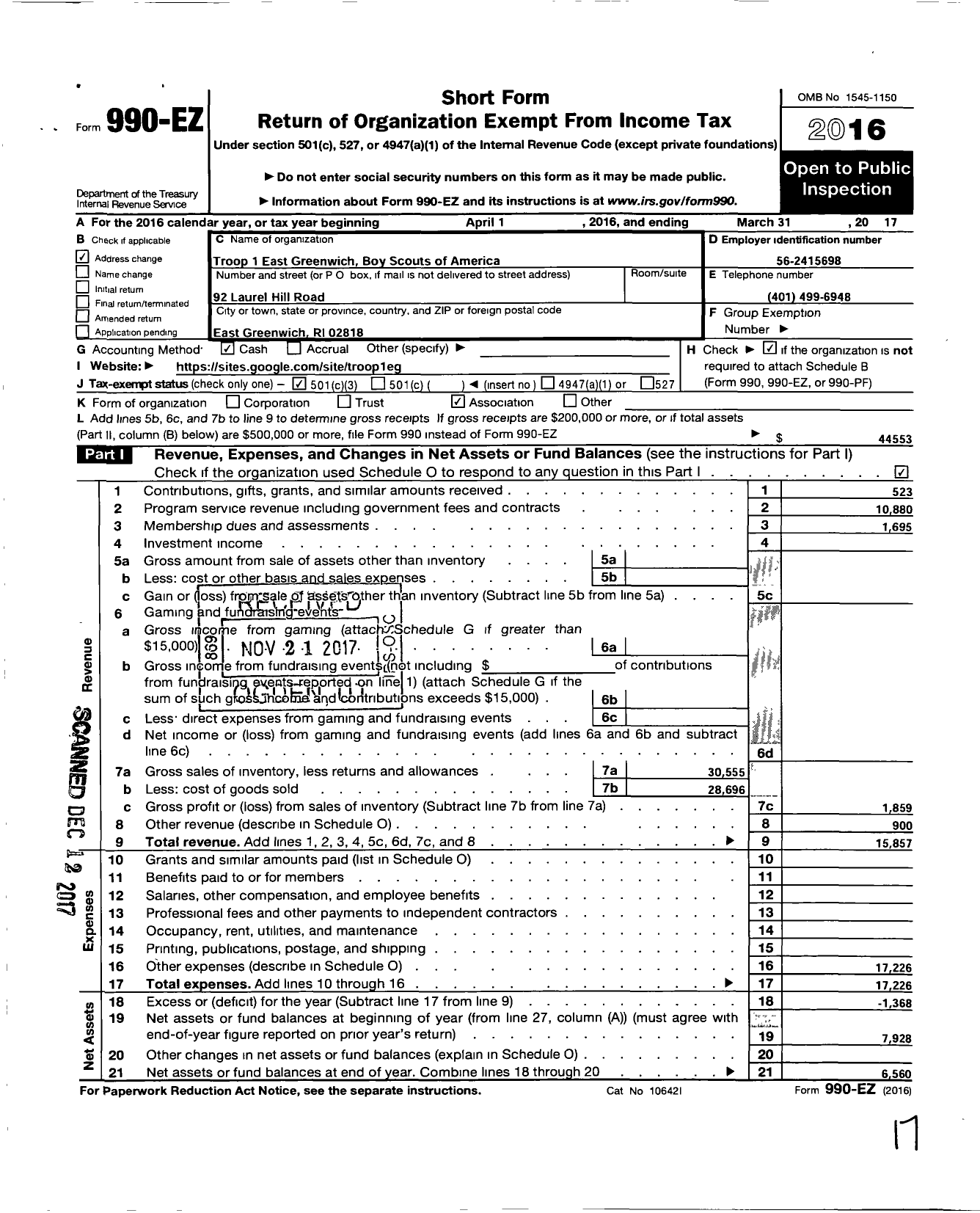 Image of first page of 2016 Form 990EZ for Troop 1 East Greenwich Boy Scouts of America