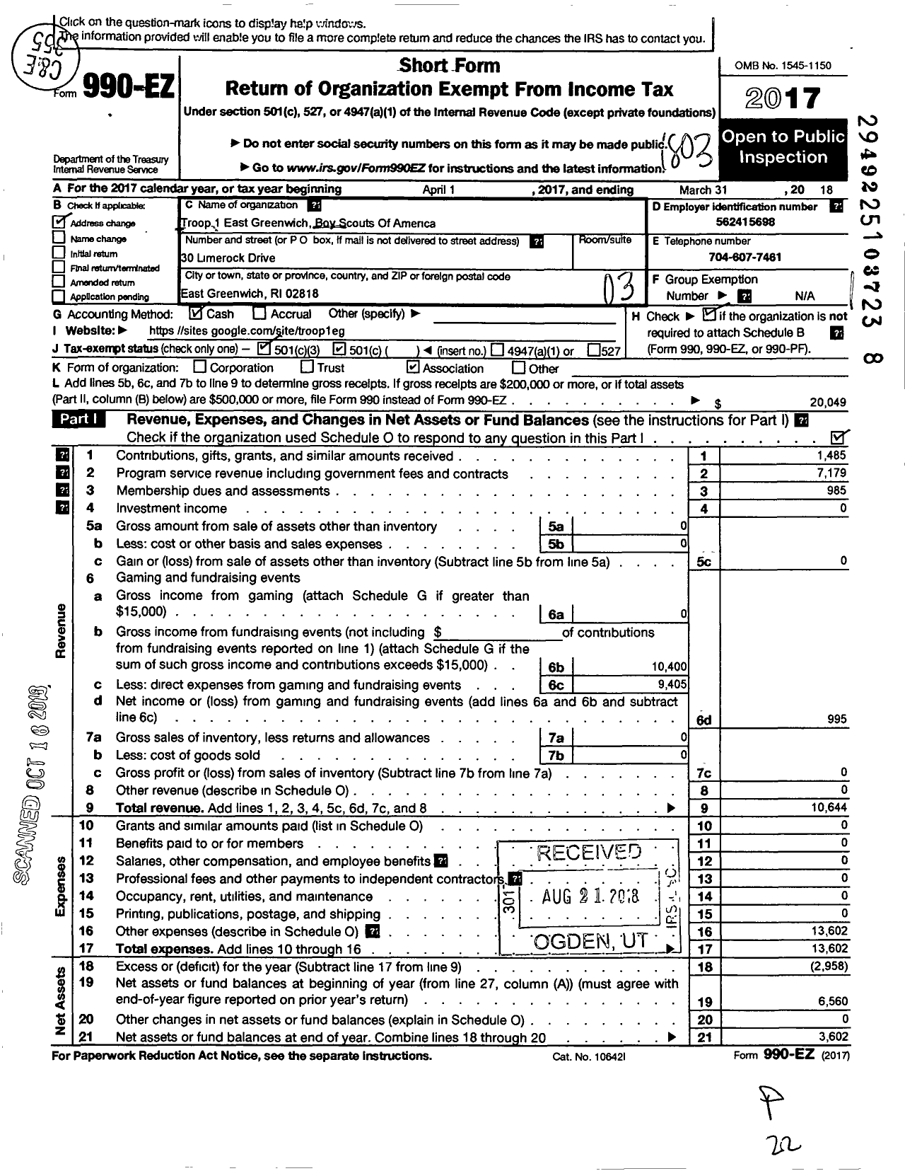 Image of first page of 2017 Form 990EZ for Troop 1 East Greenwich Boy Scouts of America