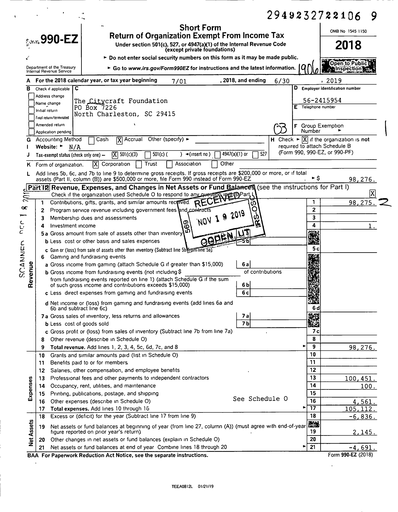 Image of first page of 2018 Form 990EZ for The Citycraft Foundation