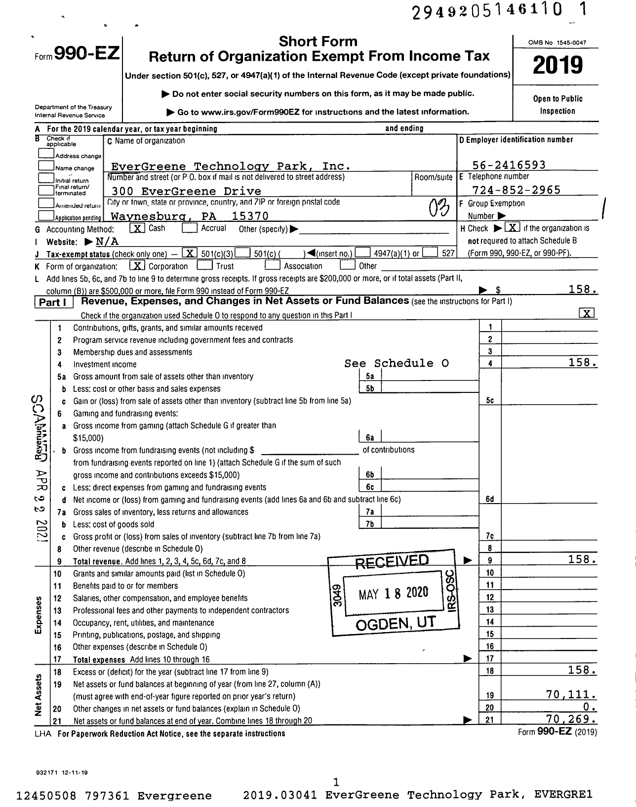 Image of first page of 2019 Form 990EZ for EverGreene Technology Park