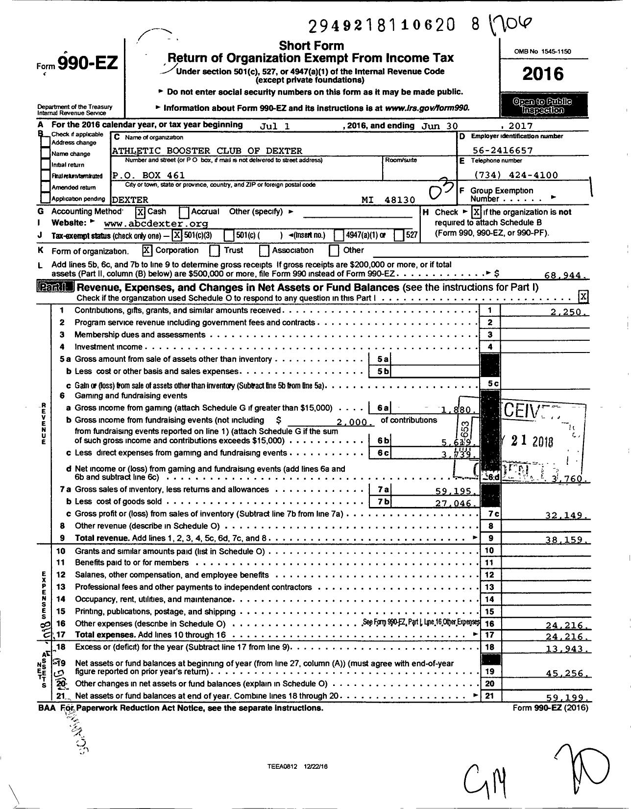 Image of first page of 2016 Form 990EZ for Athletic Booster Club of Dexter (ABCD)