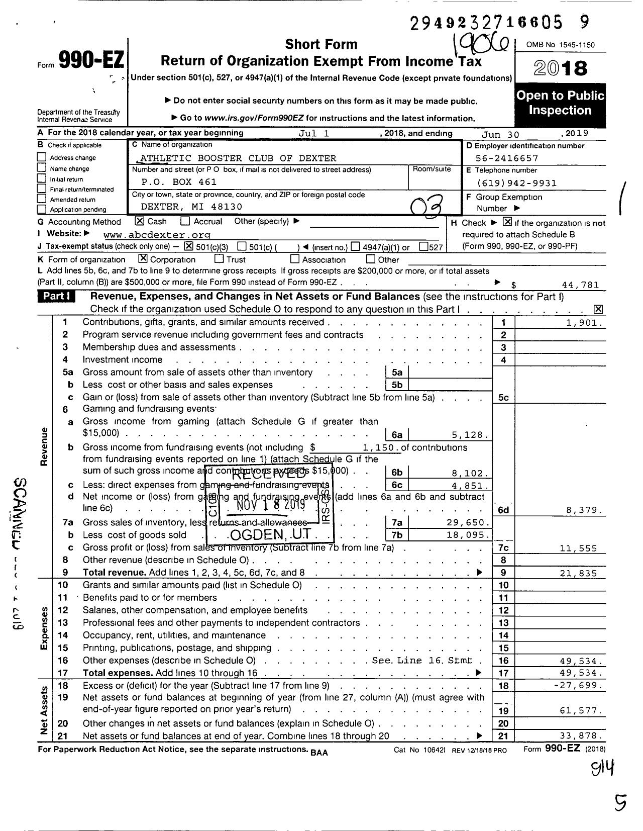 Image of first page of 2018 Form 990EZ for Athletic Booster Club of Dexter (ABCD)