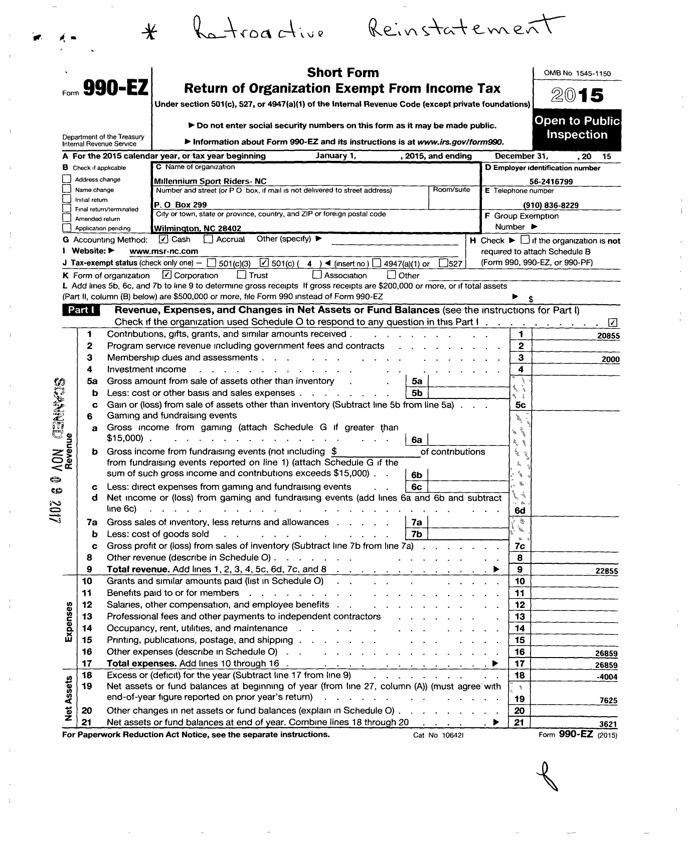 Image of first page of 2015 Form 990EO for Millennium Sport Riders