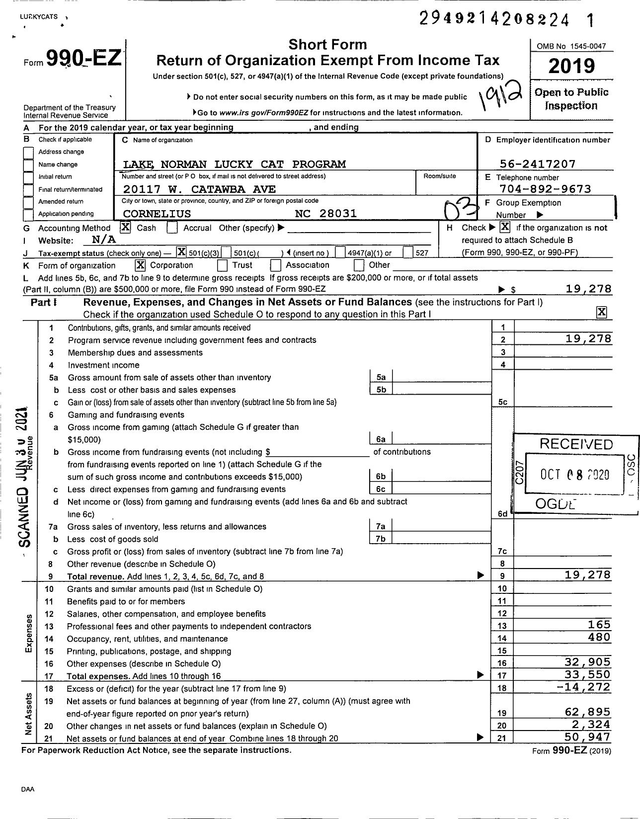 Image of first page of 2019 Form 990EZ for Lake Norman Lucky Cat Program