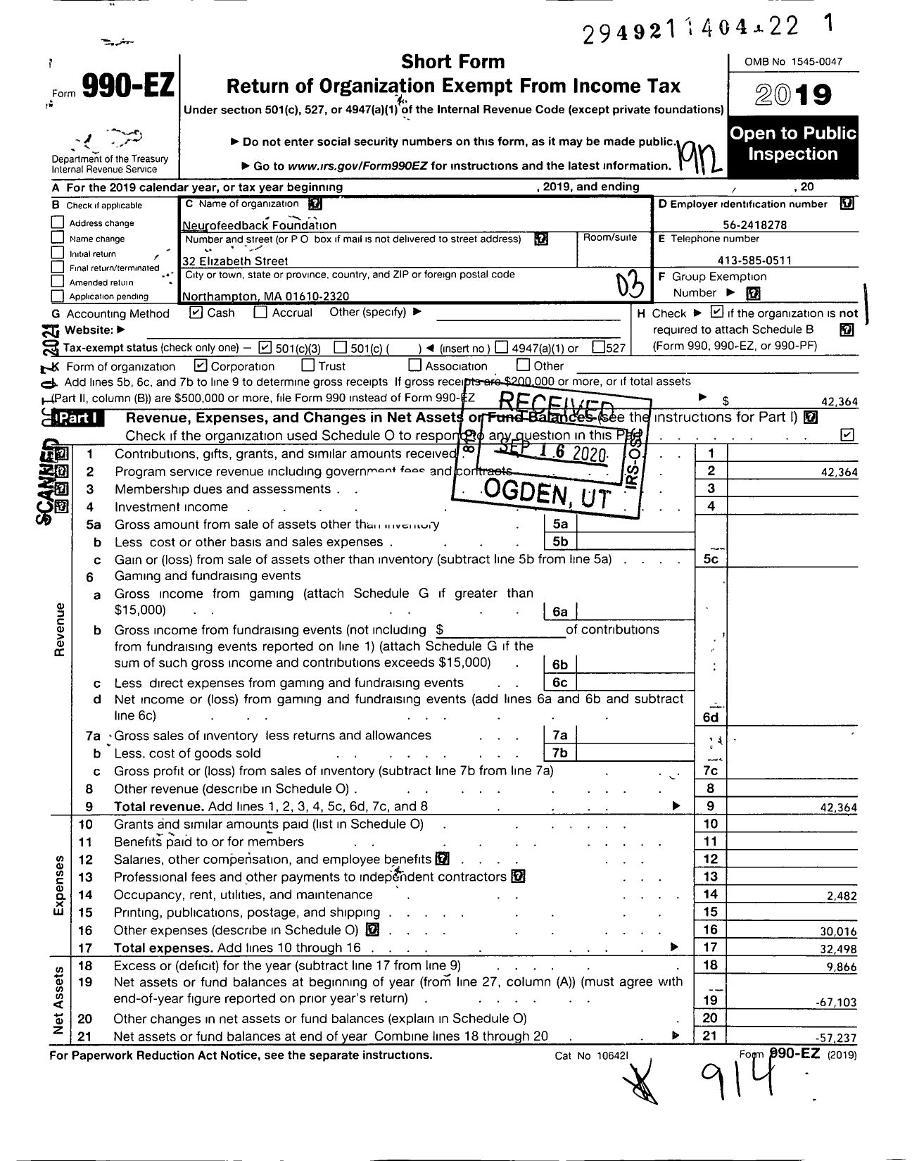 Image of first page of 2019 Form 990EZ for Neurofeedback Foundation