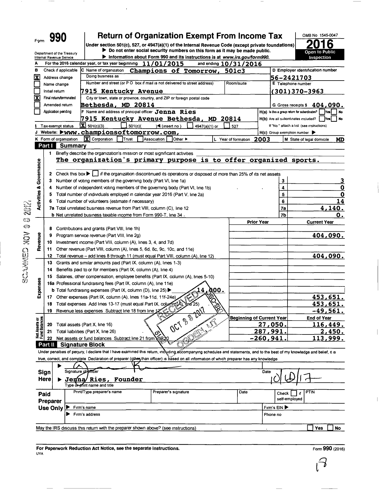 Image of first page of 2015 Form 990 for Champions of Tomorrow Foundation