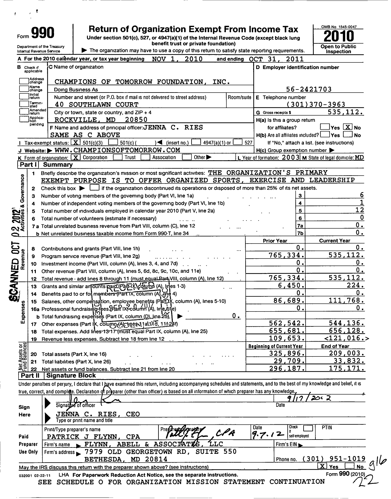Image of first page of 2010 Form 990 for Champions of Tomorrow Foundation