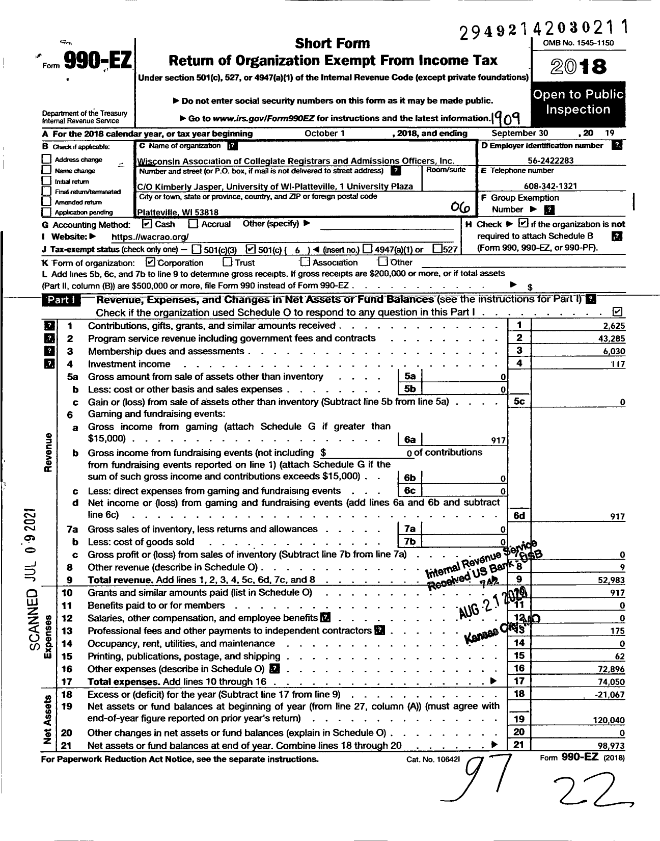 Image of first page of 2018 Form 990EO for Wisconsin Association of Collegiate Registrars AND Adms Officers