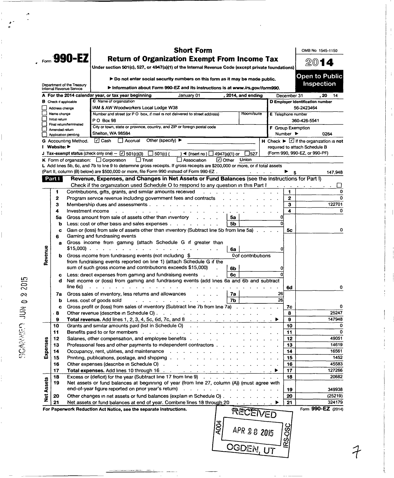 Image of first page of 2014 Form 990EZ for International Association of Machinists and Aerospace Workers - 38w Local Lodge