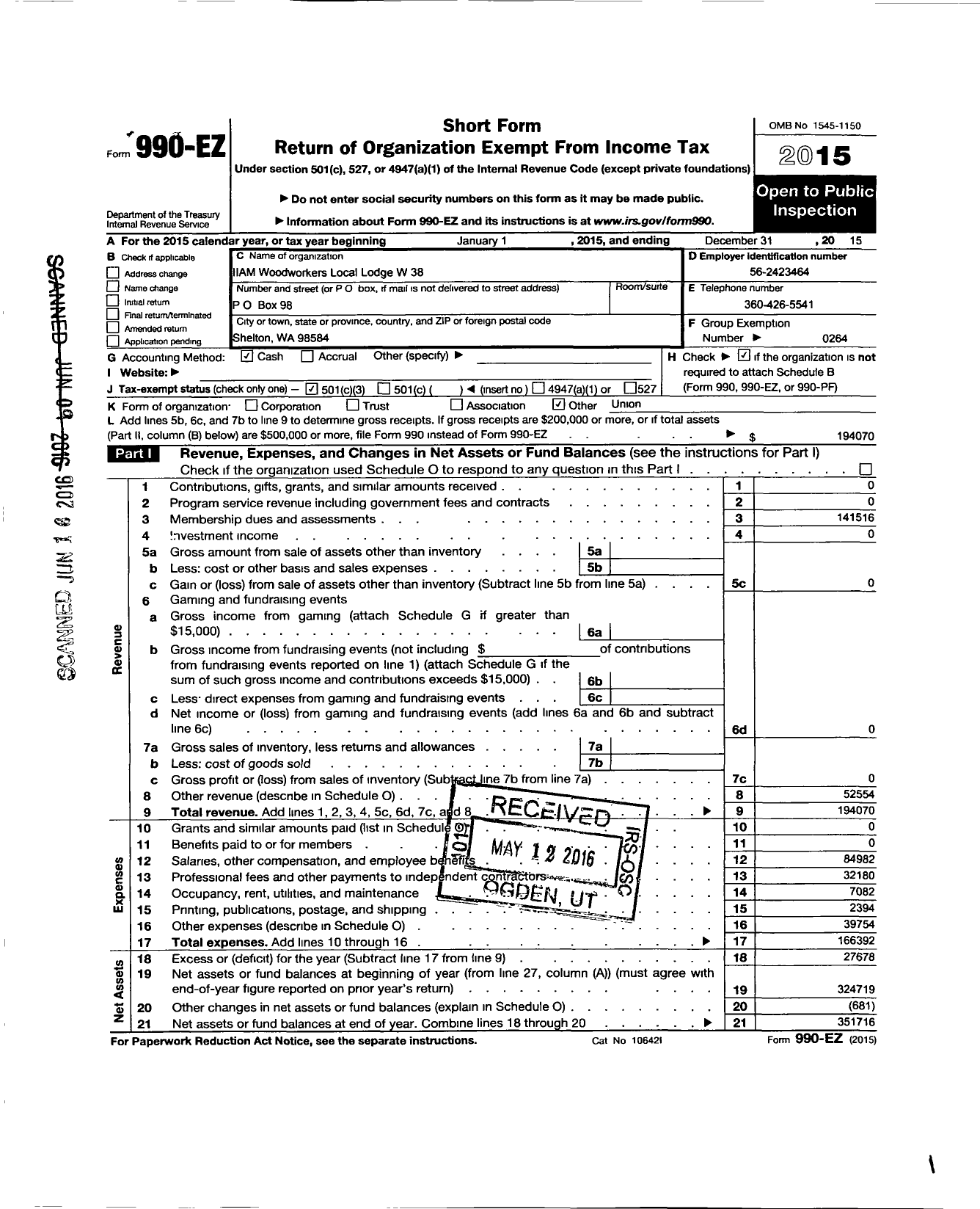 Image of first page of 2015 Form 990EZ for International Association of Machinists and Aerospace Workers - 38w Local Lodge