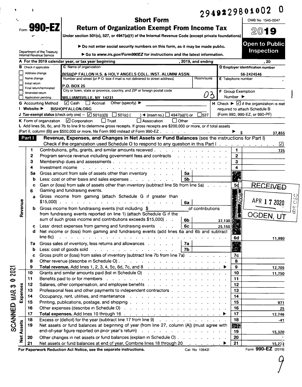 Image of first page of 2019 Form 990EZ for Bishop Fallon HS and Holy Angels Coll Inst Alumni Association