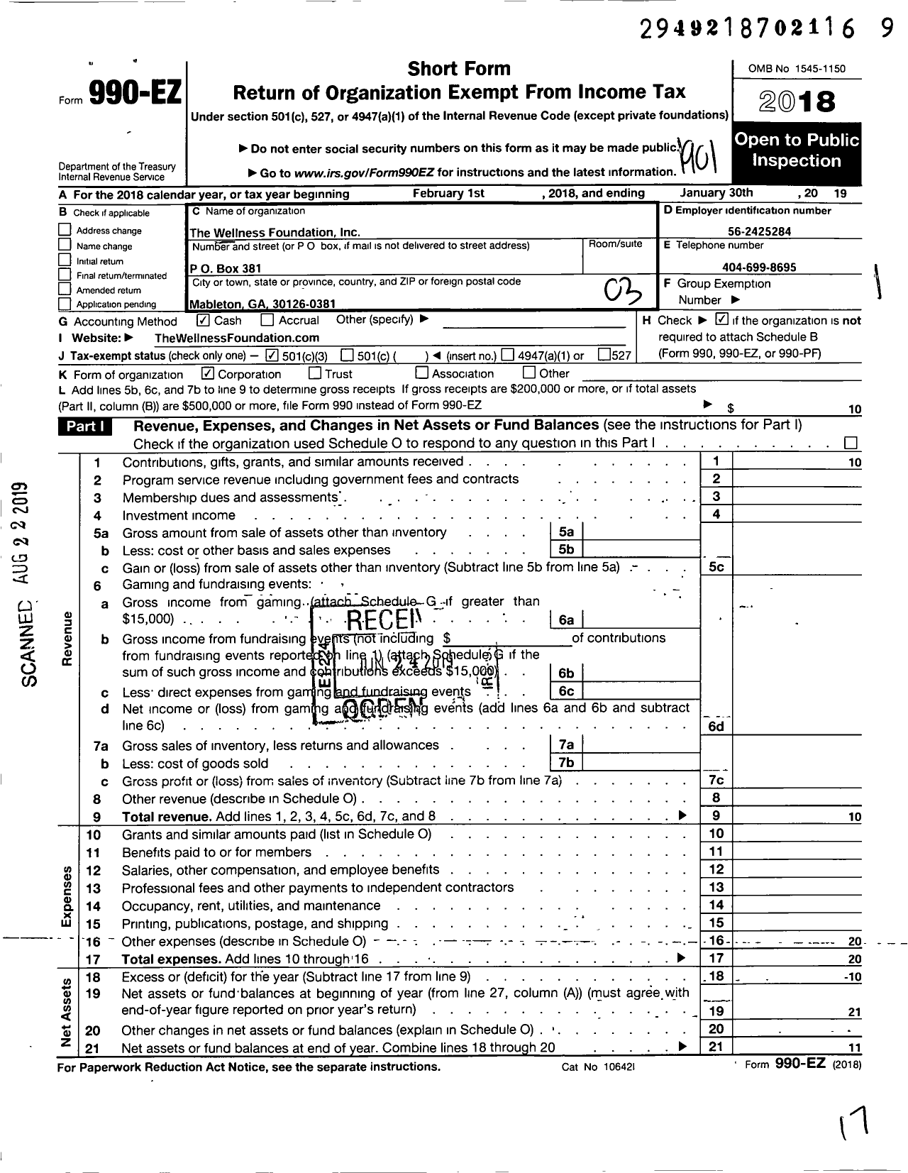 Image of first page of 2018 Form 990EZ for Wellness Foundation