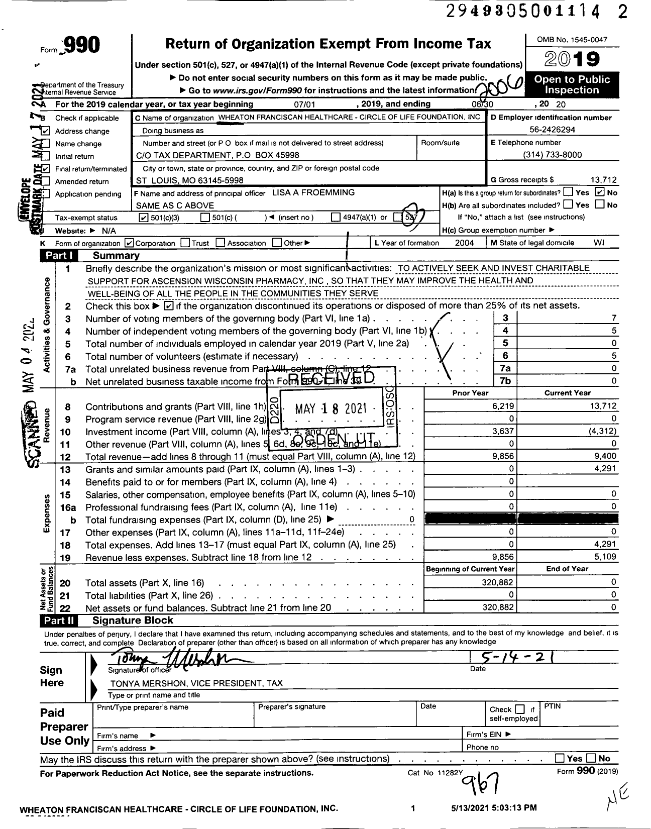 Image of first page of 2019 Form 990 for Wheaton Franciscan Healthcare - Circle of Life Foundation