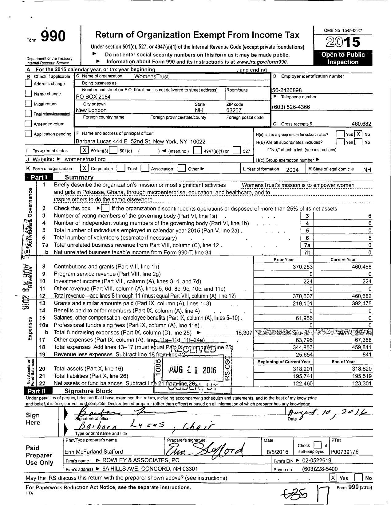 Image of first page of 2015 Form 990 for WomensTrust