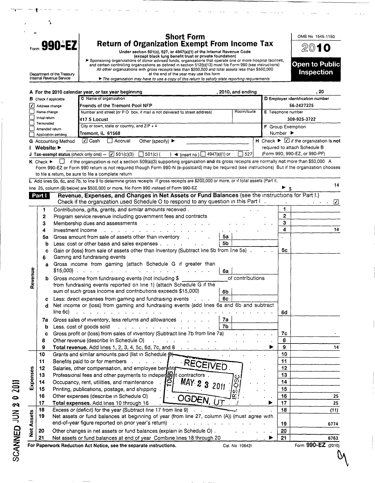 Image of first page of 2010 Form 990EZ for Friends of the Tremont Pool NFP
