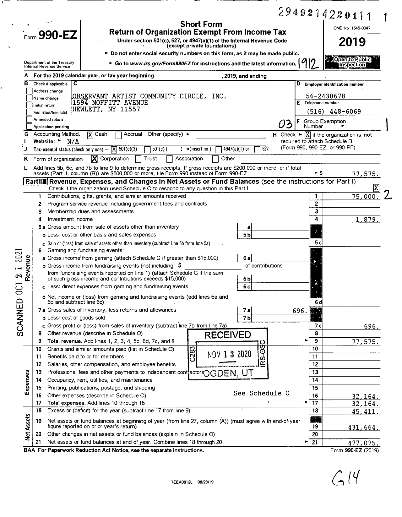 Image of first page of 2019 Form 990EZ for Observant Artist Community Circle