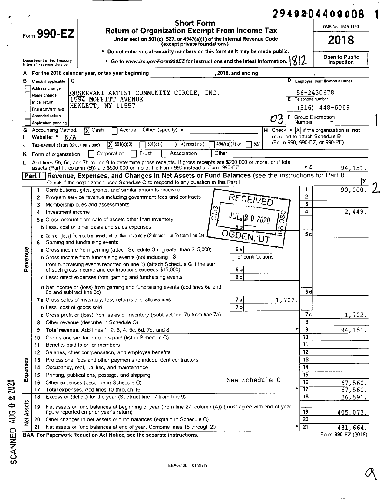 Image of first page of 2018 Form 990EZ for Observant Artist Community Circle