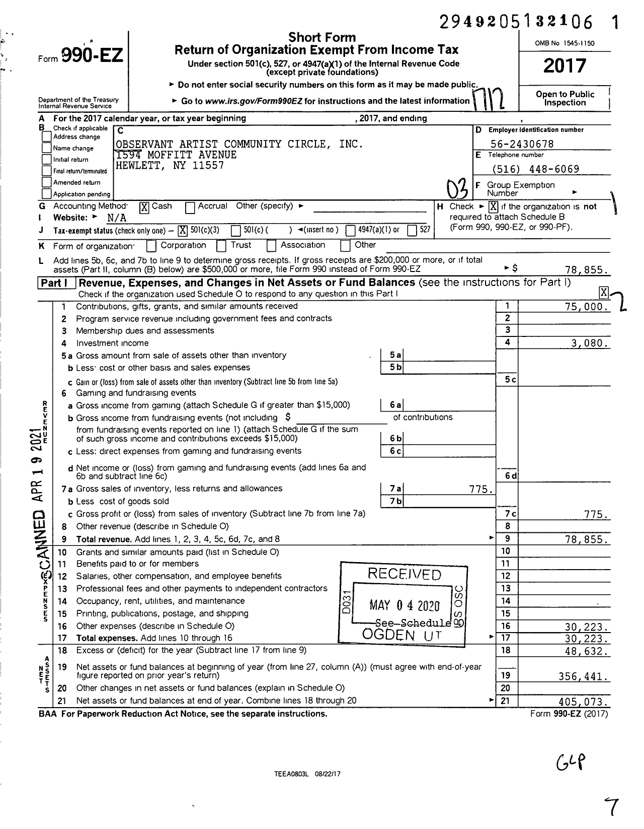 Image of first page of 2017 Form 990EZ for Observant Artist Community Circle