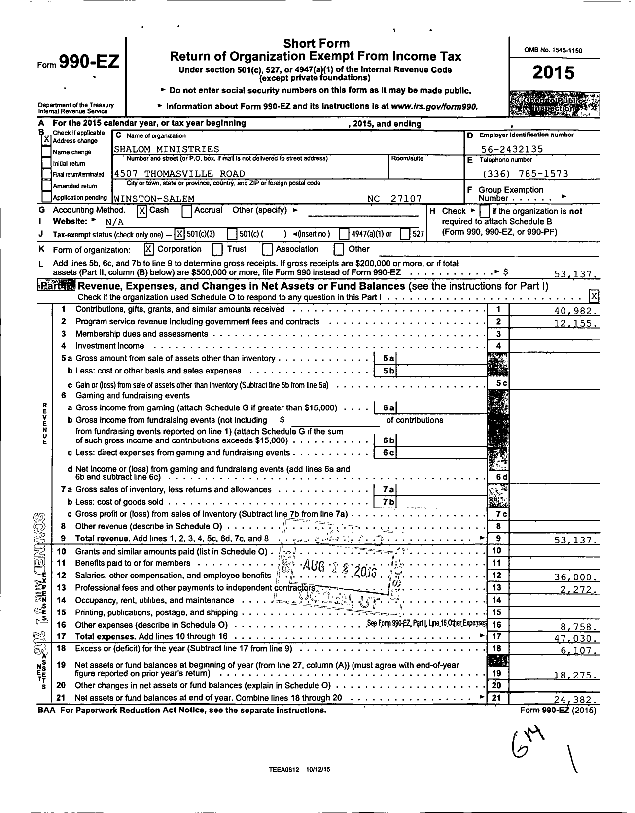 Image of first page of 2015 Form 990EZ for Shalom Christian Counseling Associates