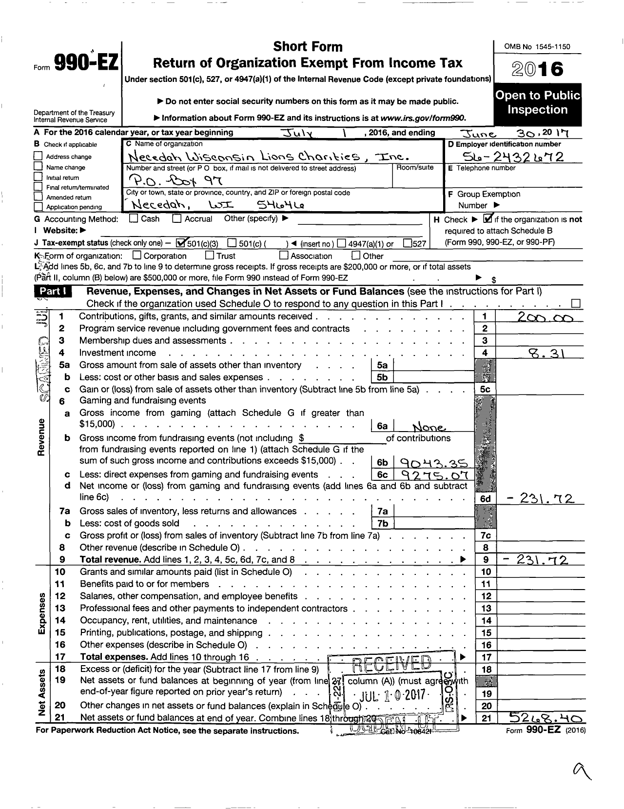 Image of first page of 2016 Form 990EZ for Necedah Wisconsin Lions Charities