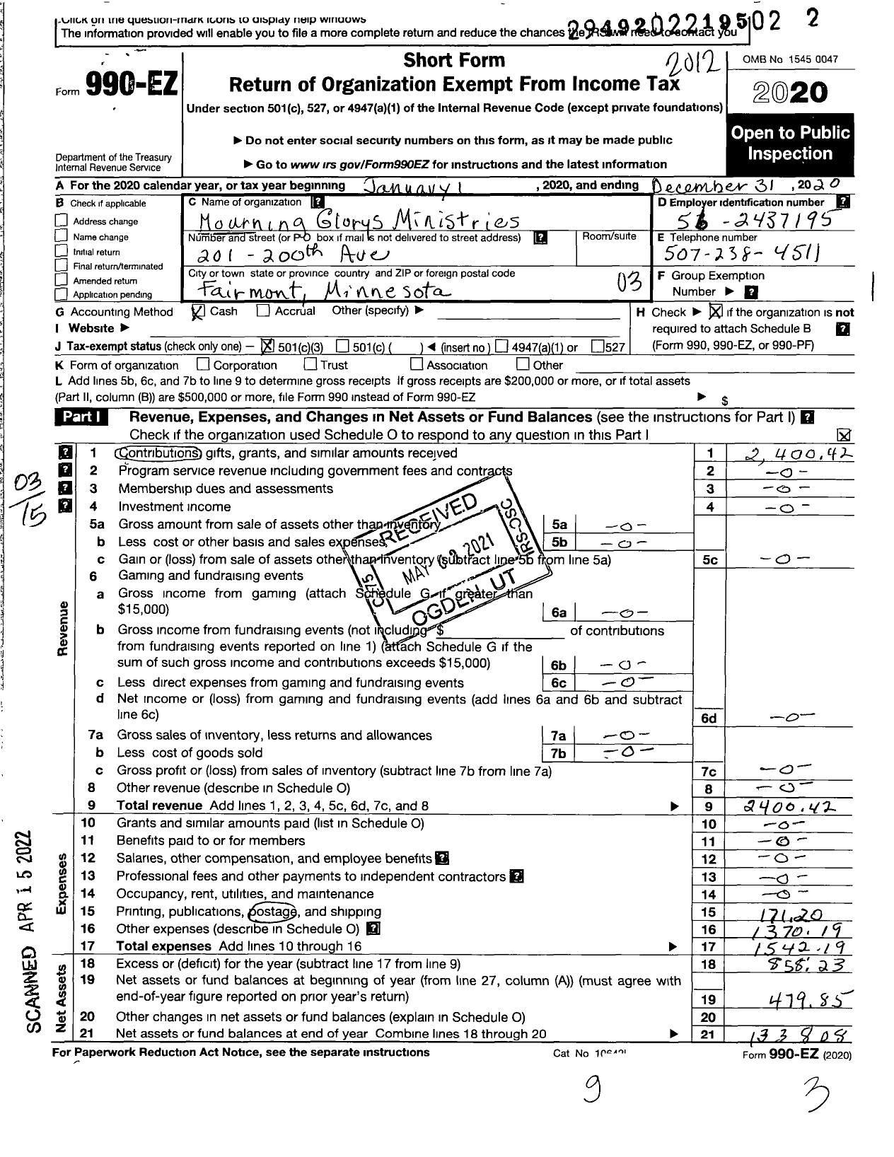 Image of first page of 2020 Form 990EZ for Mourning Glorys Ministries