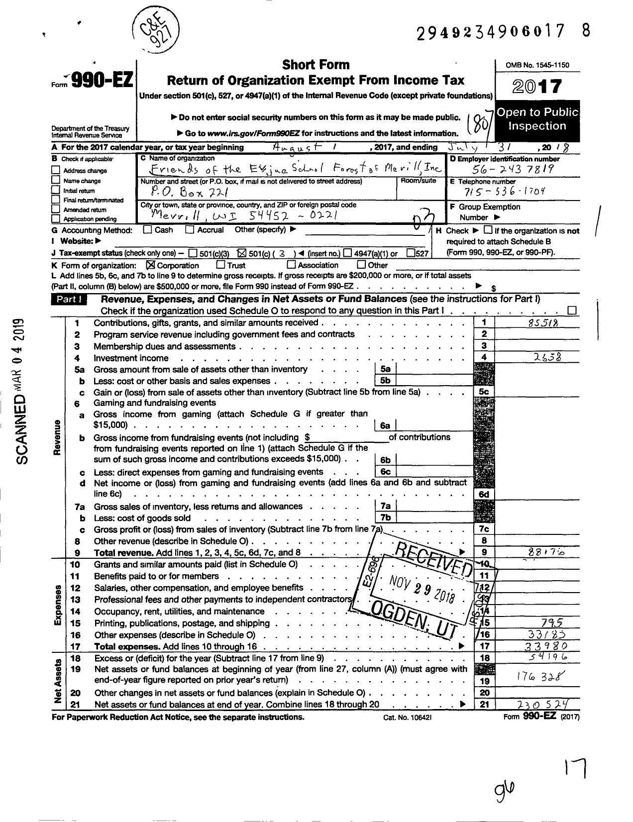 Image of first page of 2017 Form 990EZ for Friends of the Evjue School Forest of Merrill