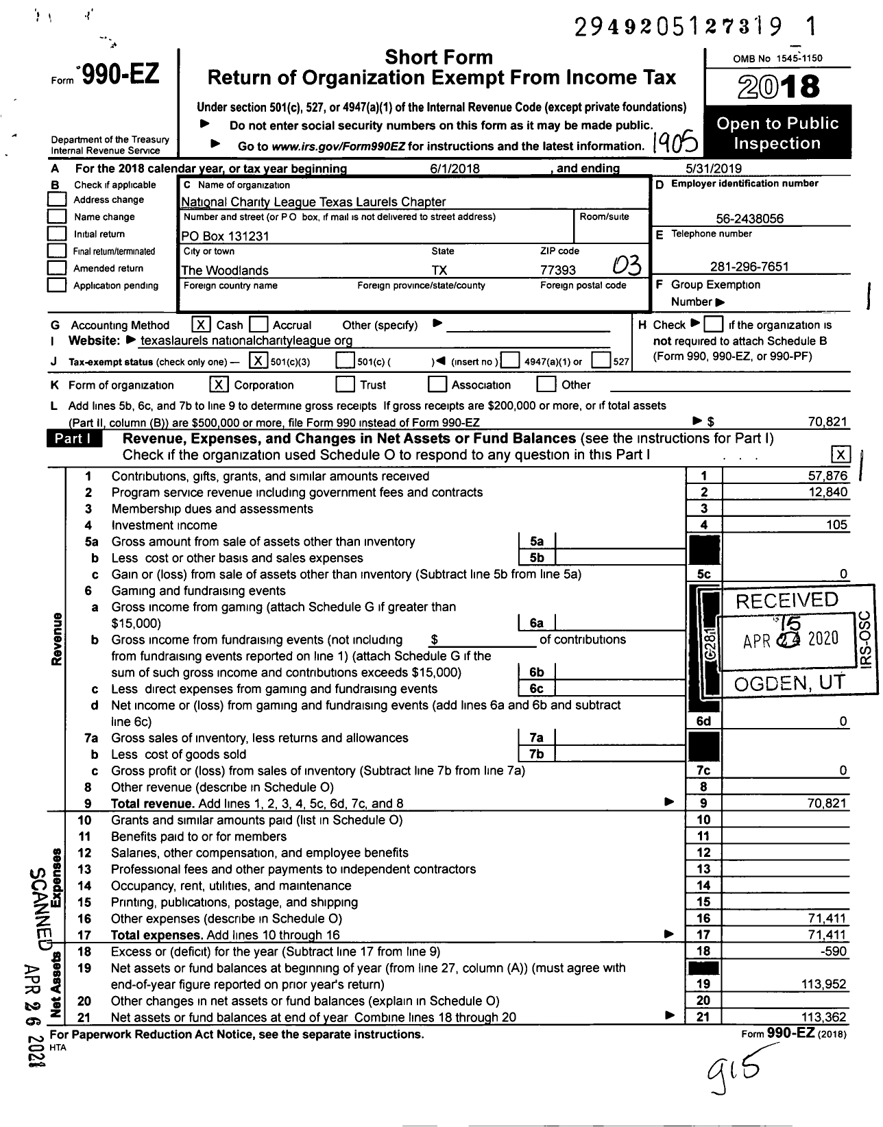 Image of first page of 2018 Form 990EZ for National Charity League Texas Laurels Chapter