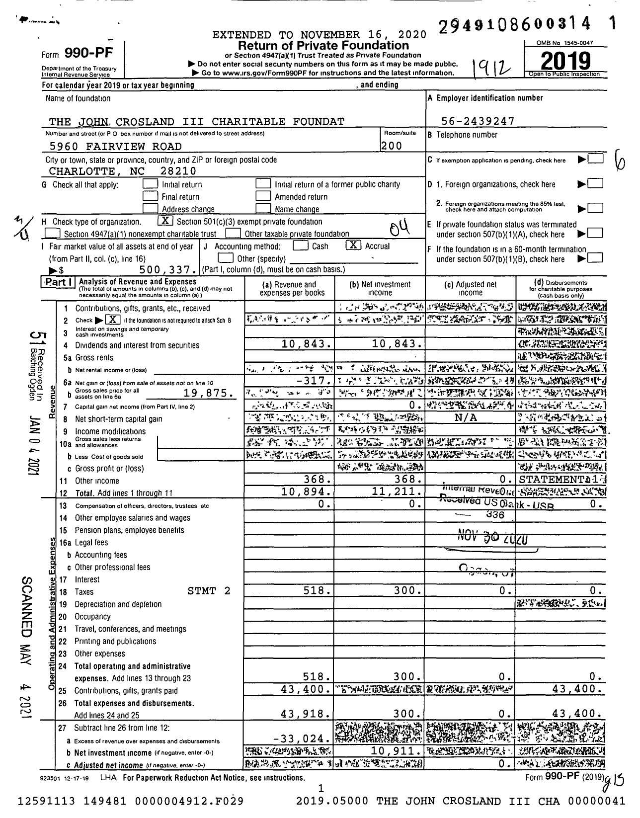 Image of first page of 2019 Form 990PF for The John Crosland Iii