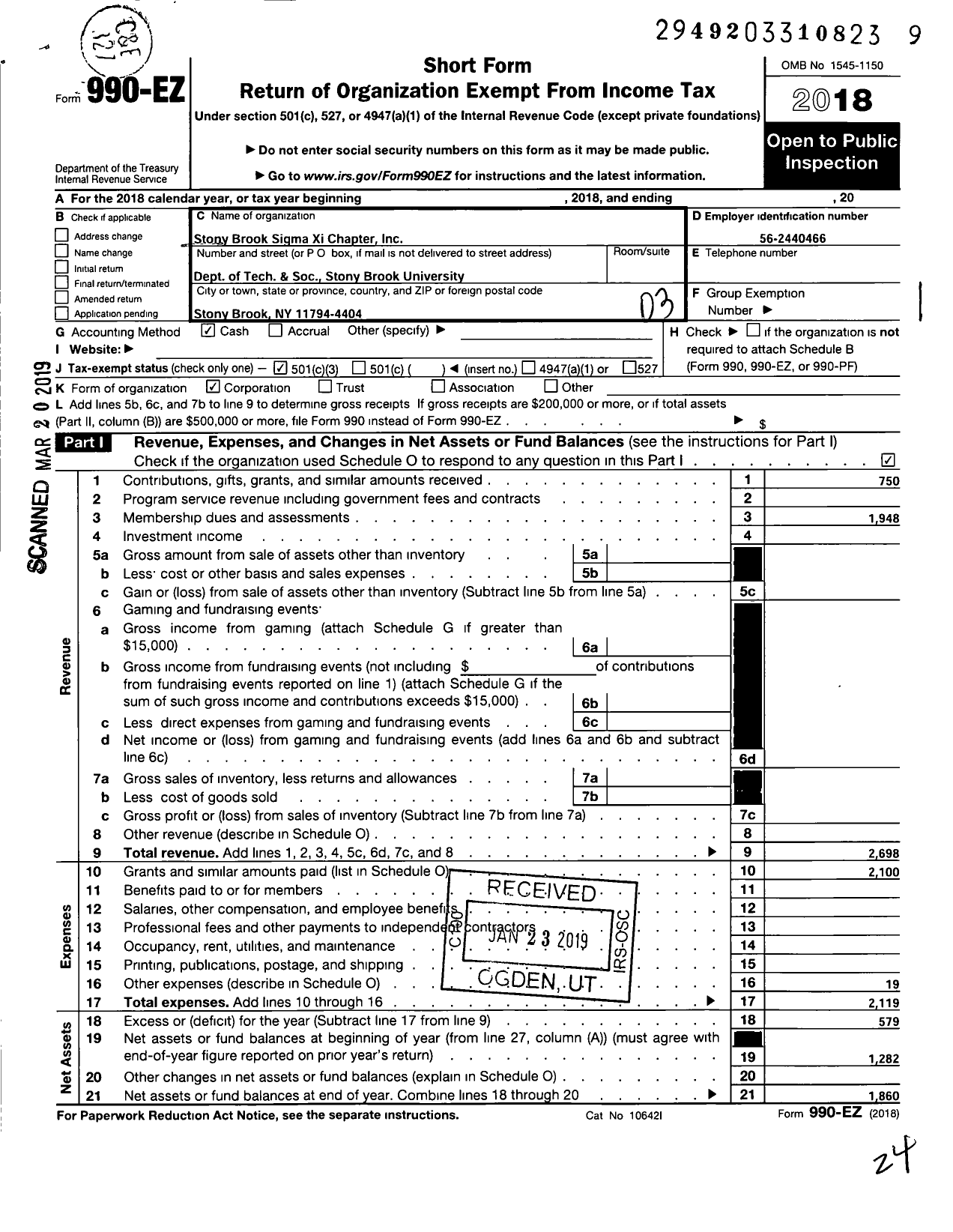 Image of first page of 2018 Form 990EZ for Stony Brook Sigma Xi Chapter