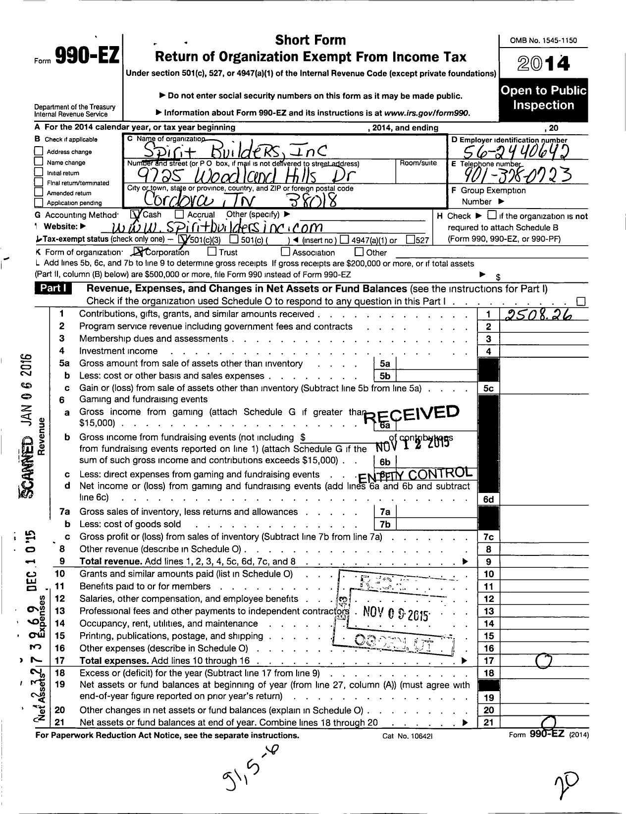 Image of first page of 2014 Form 990EZ for Spirit Builders