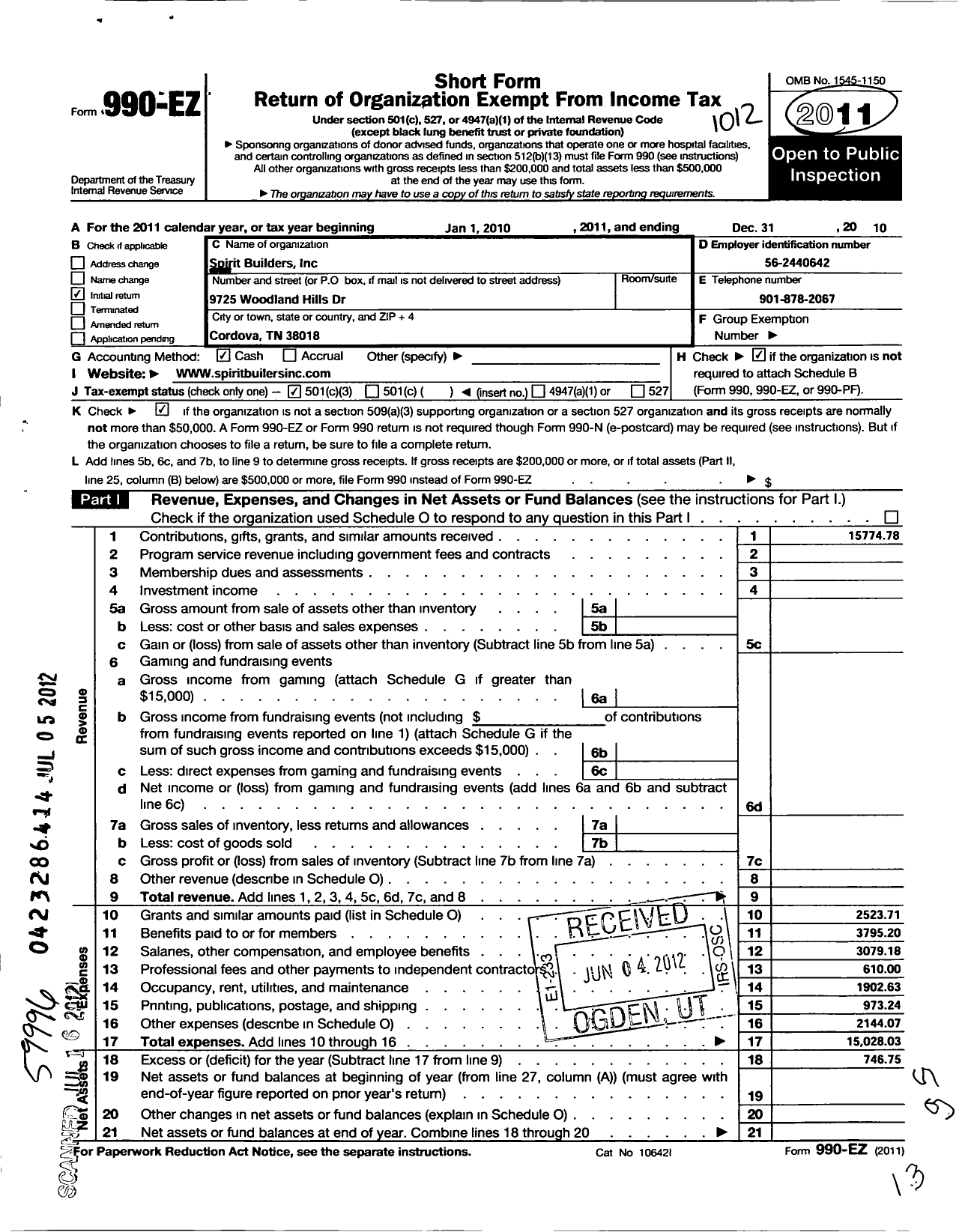 Image of first page of 2010 Form 990EZ for Spirit Builders