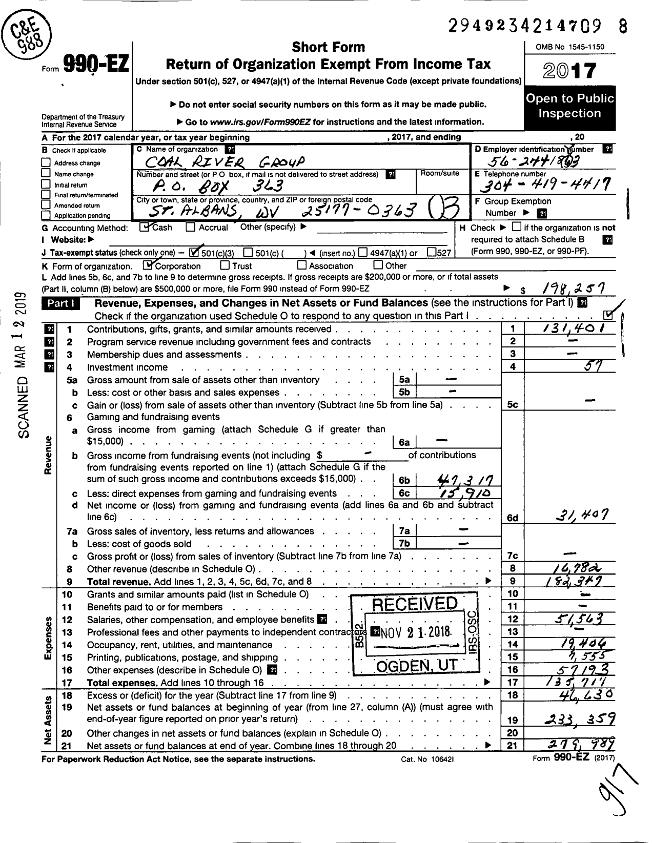 Image of first page of 2017 Form 990EZ for Coal River Group