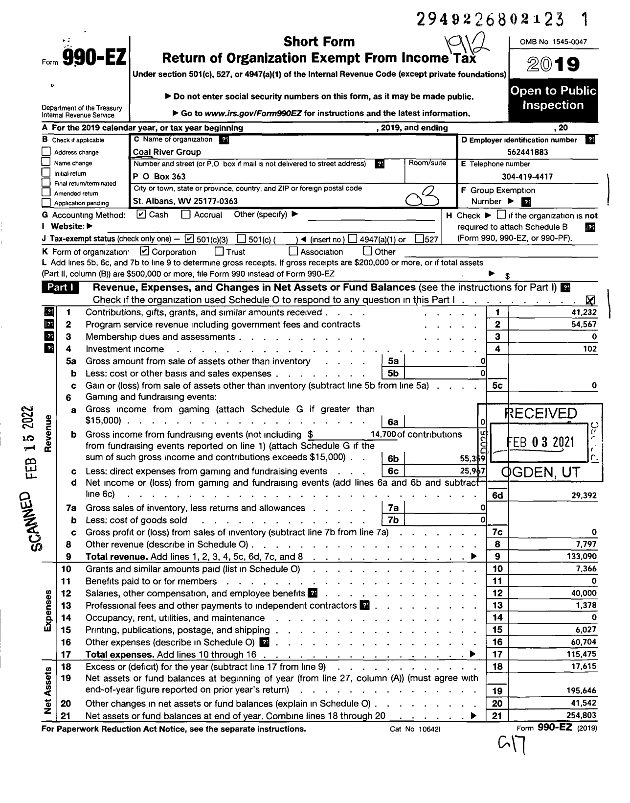 Image of first page of 2019 Form 990EZ for Coal River Group