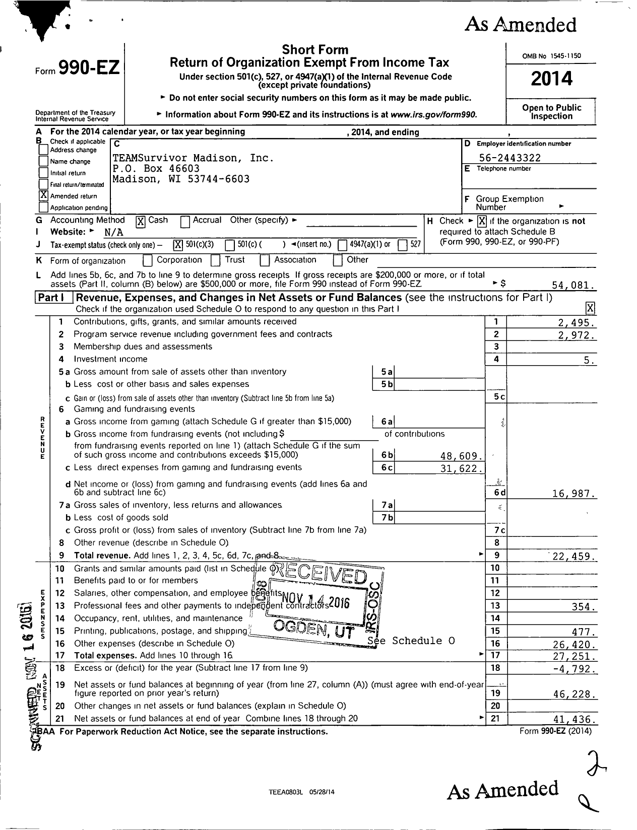 Image of first page of 2014 Form 990EZ for TEAMSurvivor Madison