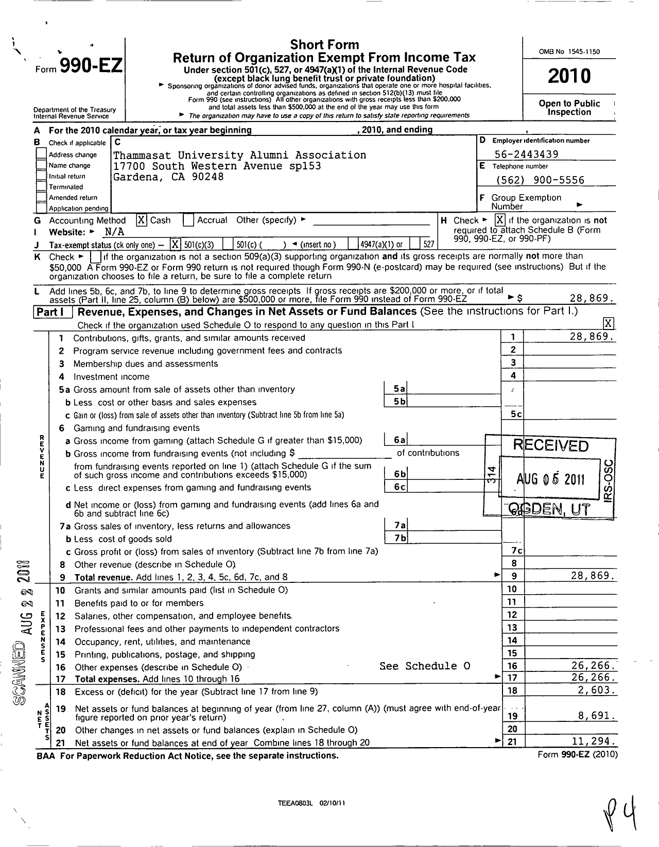 Image of first page of 2010 Form 990EZ for Thammasat University Alumni Association