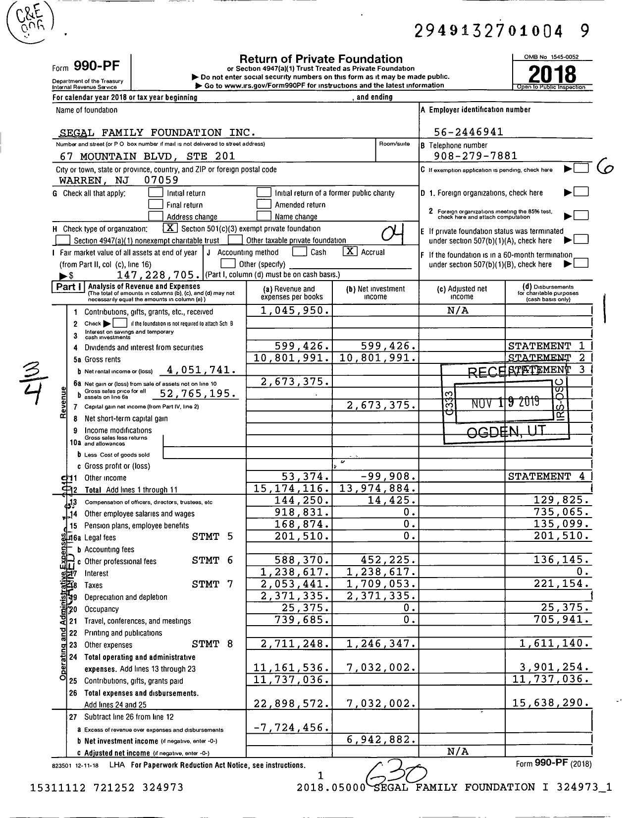 Image of first page of 2018 Form 990PF for Segal Family Foundation (SFF)
