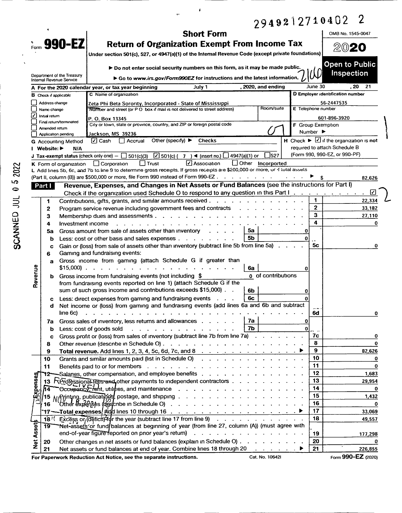 Image of first page of 2020 Form 990EO for Zeta Phi Beta Sorority Incorporated - State of MS