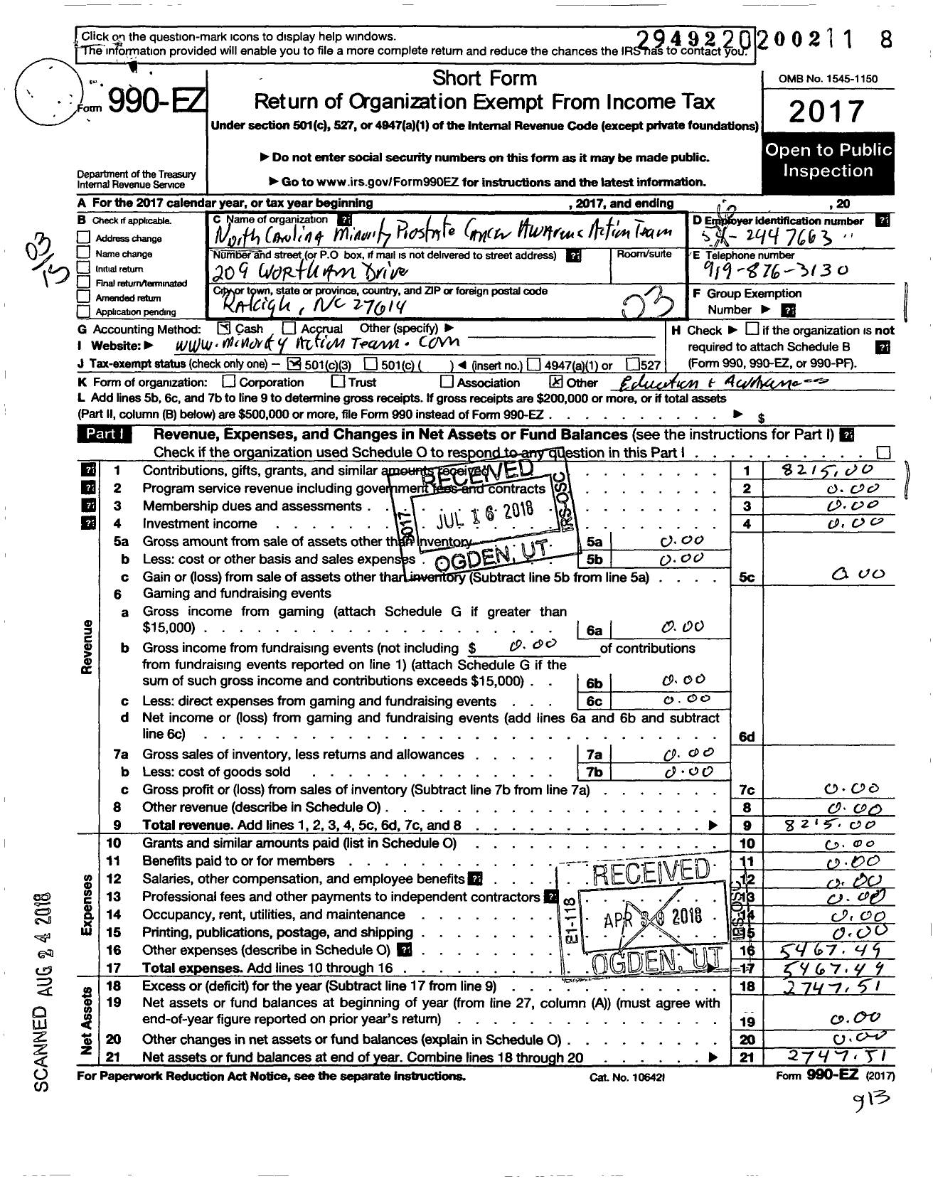 Image of first page of 2017 Form 990EZ for North Carolina Minority Prostate Cancer Awareness Action Team