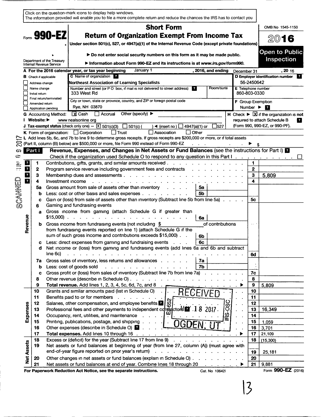 Image of first page of 2016 Form 990EZ for Northeast Association of Learning Specialists