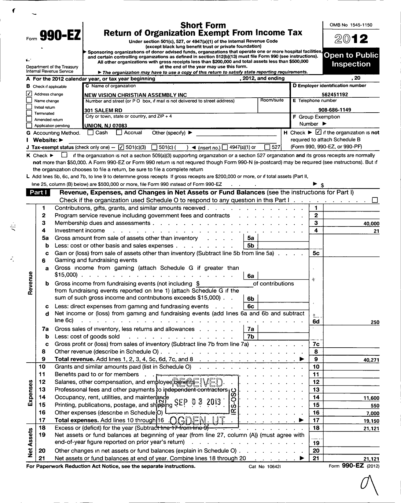 Image of first page of 2012 Form 990EZ for New Vision Christian Assembly